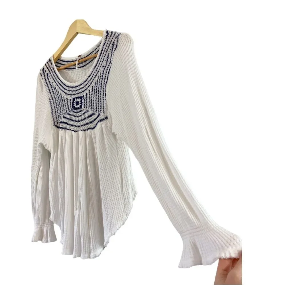 Free People Soul Mate Knit Hi-Lo Thermal Long Sleeve Top, Blue/White, Size Small